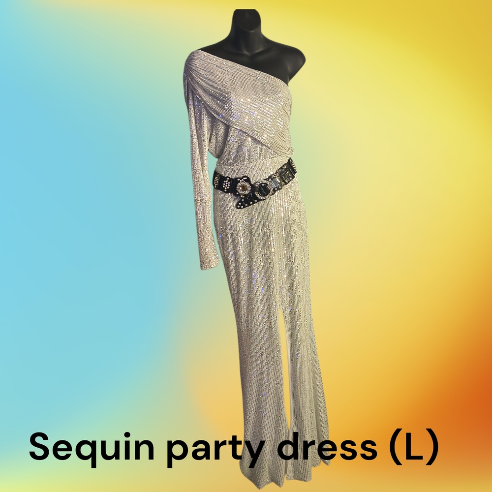Elegant Off-Shoulder White/Silver Sequin Dress (L)